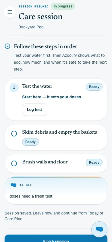 An Azoolify care session showing today's tasks in order and an AL GEE note that doses need a fresh test.