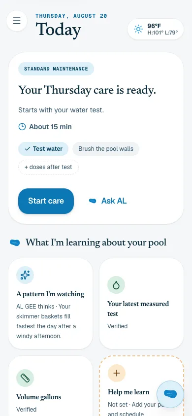 The Azoolify Maintenance screen showing today's measured test, care tasks, learned pool patterns, and Ask AL.